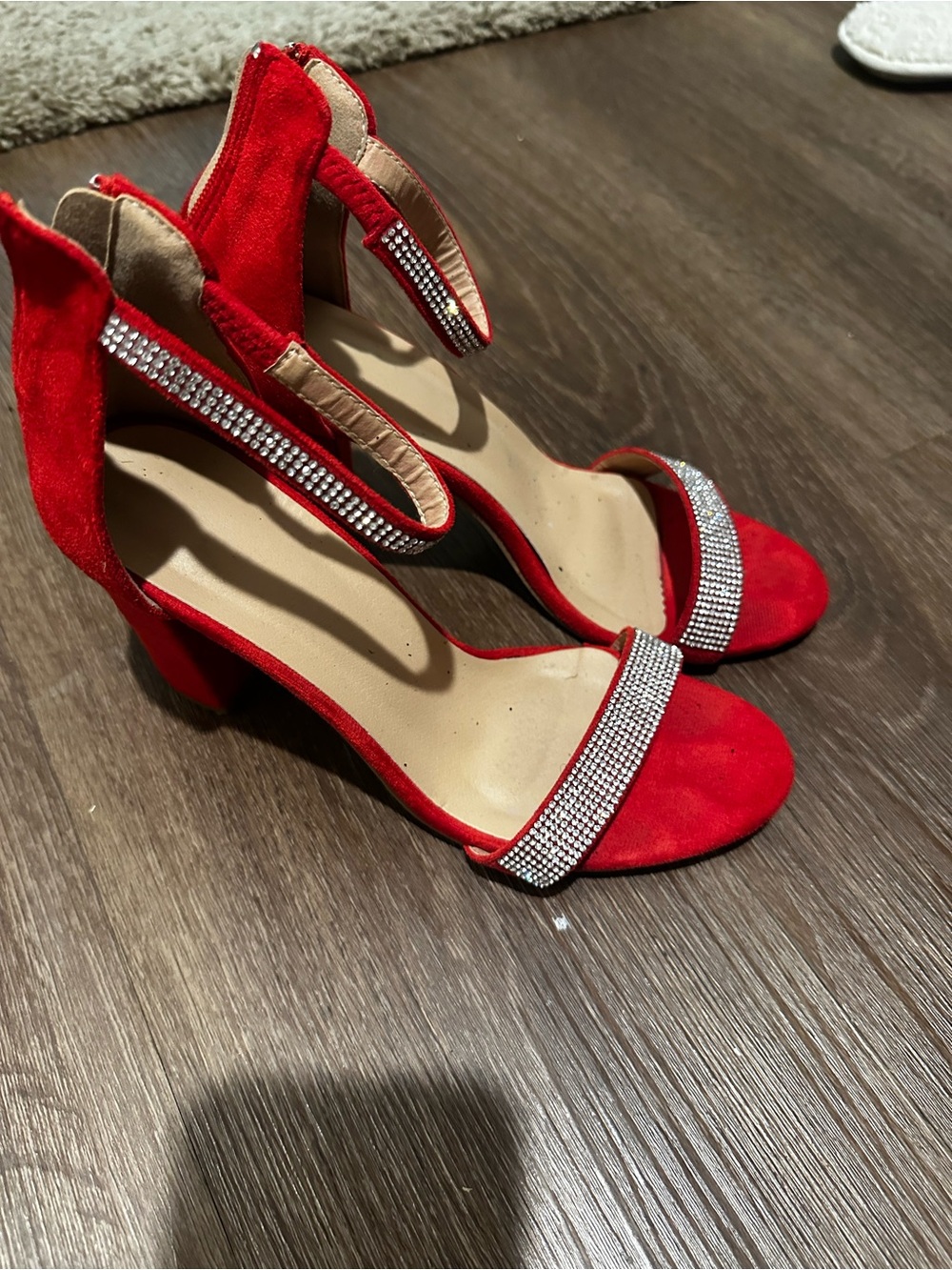 Red Rhinestone Ankle-Strap Block Heel Sandals - Picture 2 of 4
